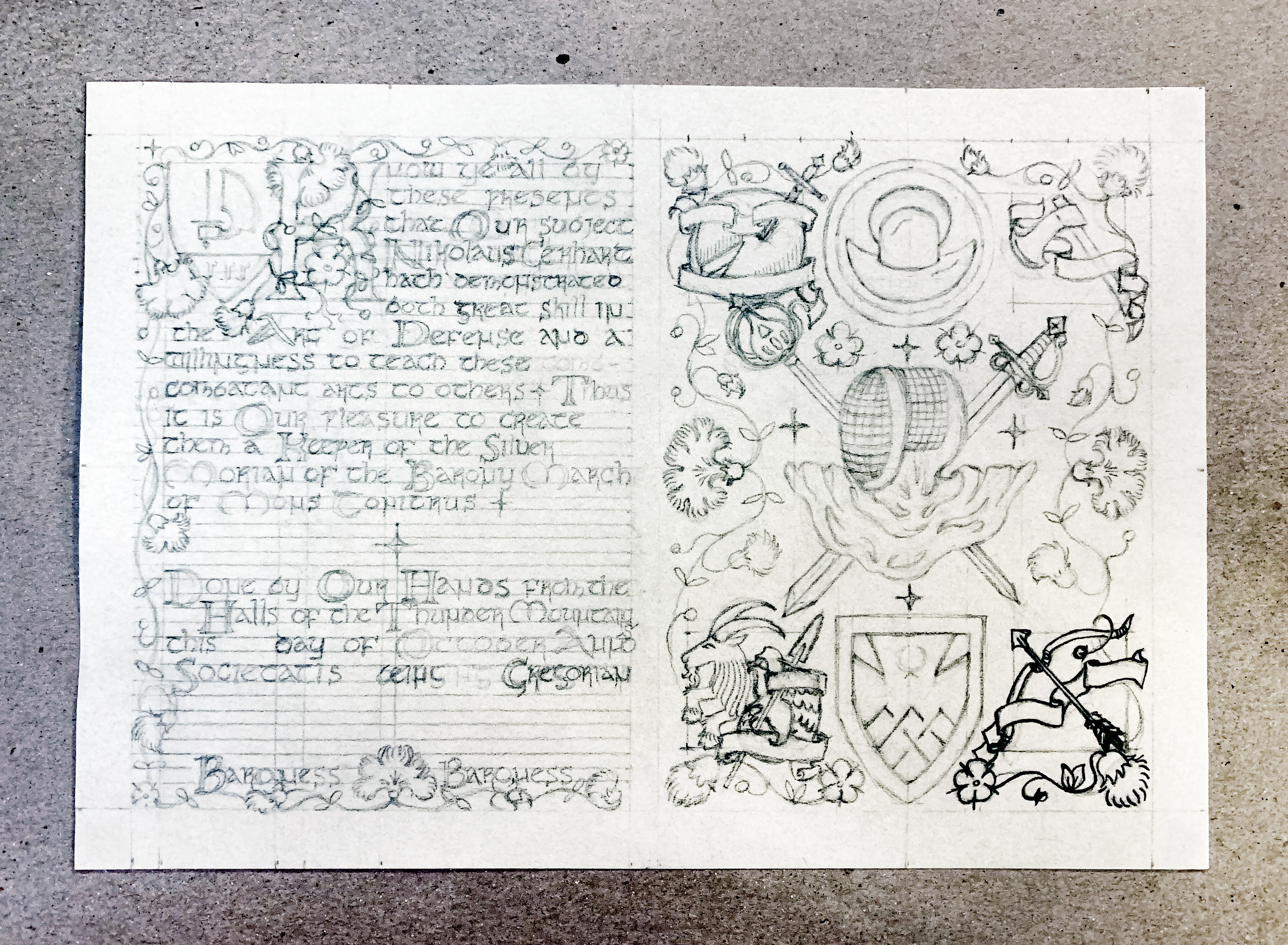 A medieval scroll award in progress: the ink stage, with penciled artwork on the right side finished, including more floral decoration, and inking begun on some of the weapons