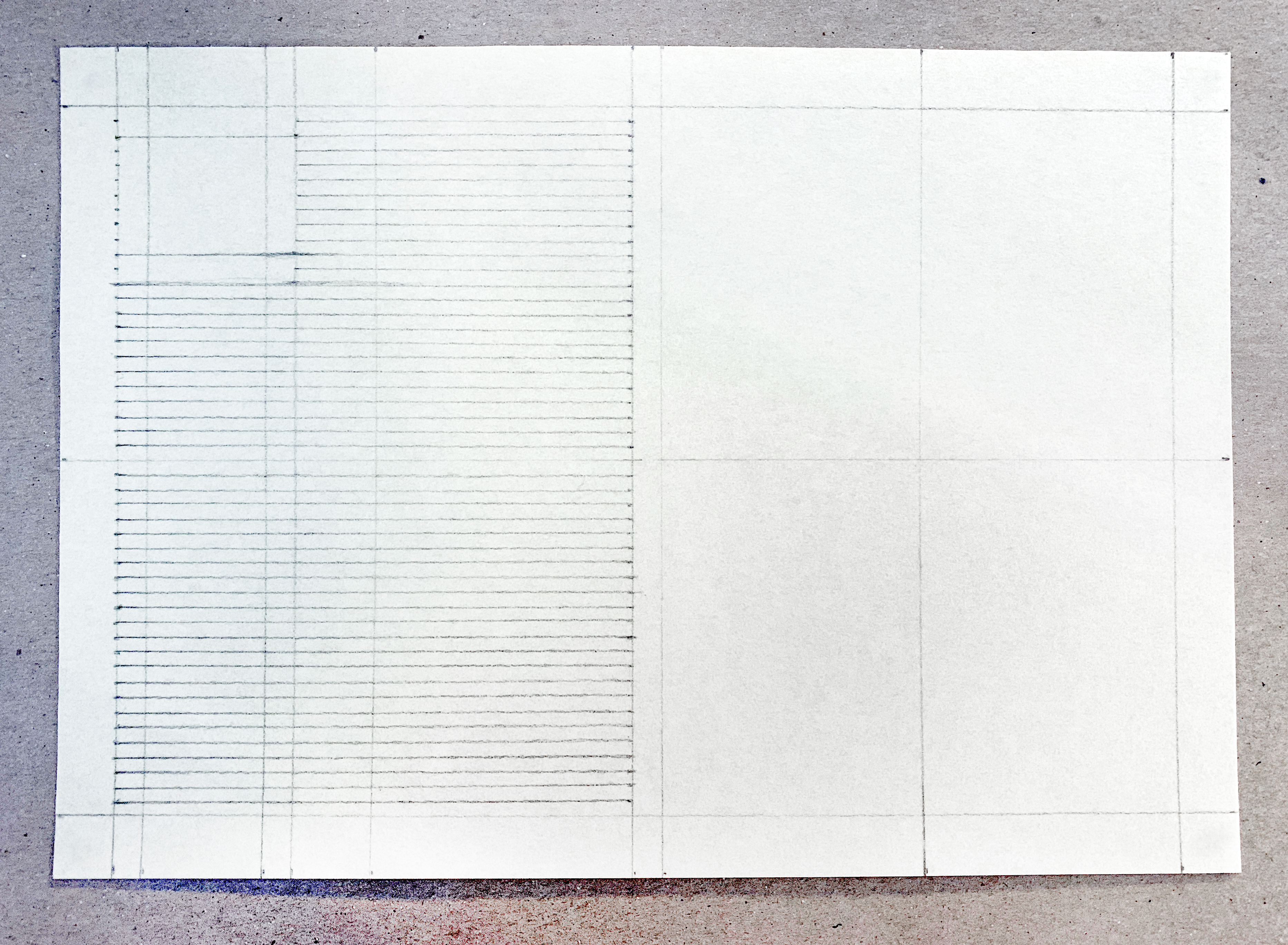 A medieval scroll award in progress: the pencil stage, in landscape layout with two sides (like a diptych) divided by a narrow central gutter, with a lined grid to the left and a space for artwork to the right (divided into quadrants).