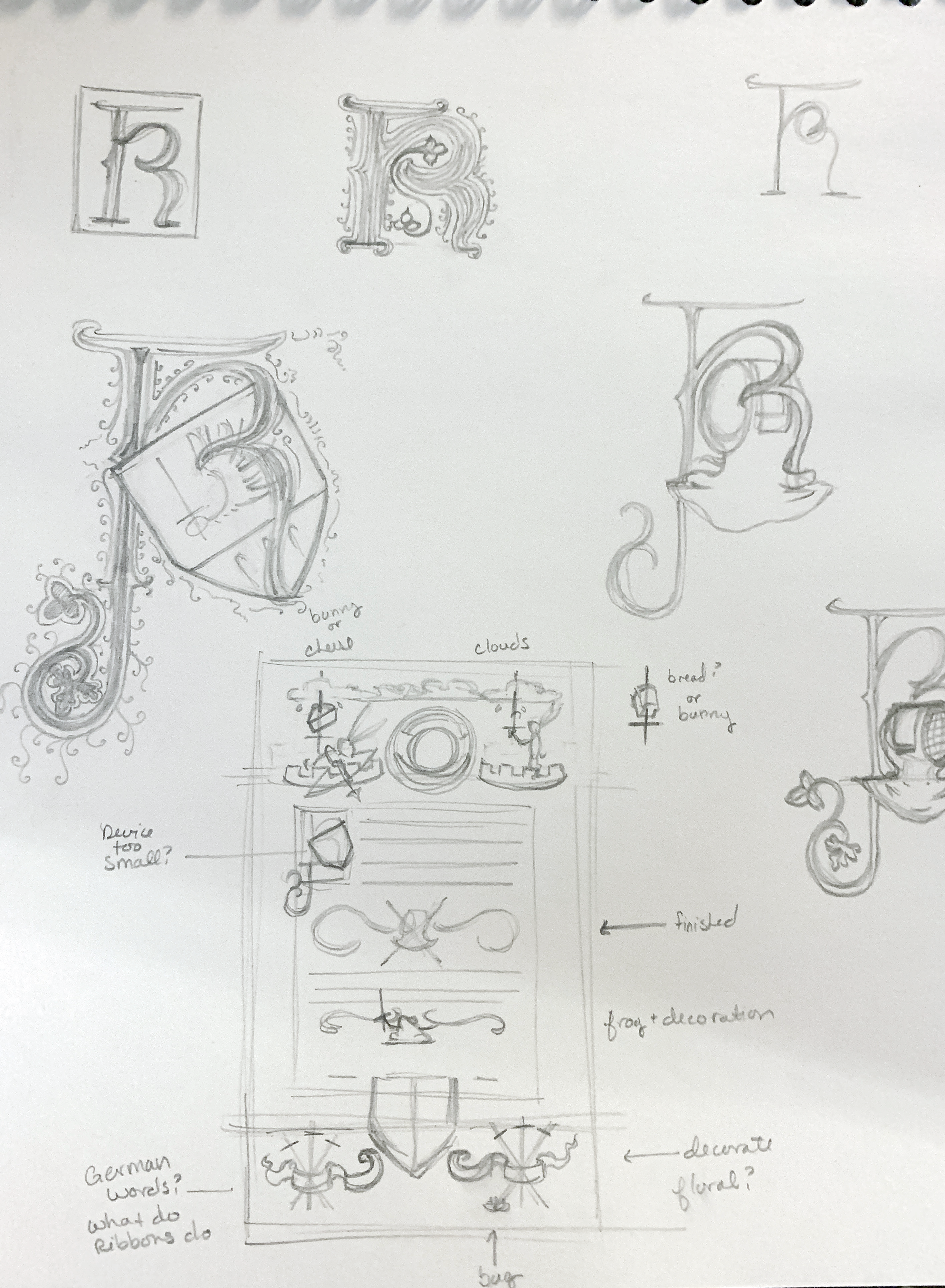 Several idea sketches for a medieval scroll design, including several decorated capital K letters, shield devices and rapier helmets, and a layout sketch with notes.