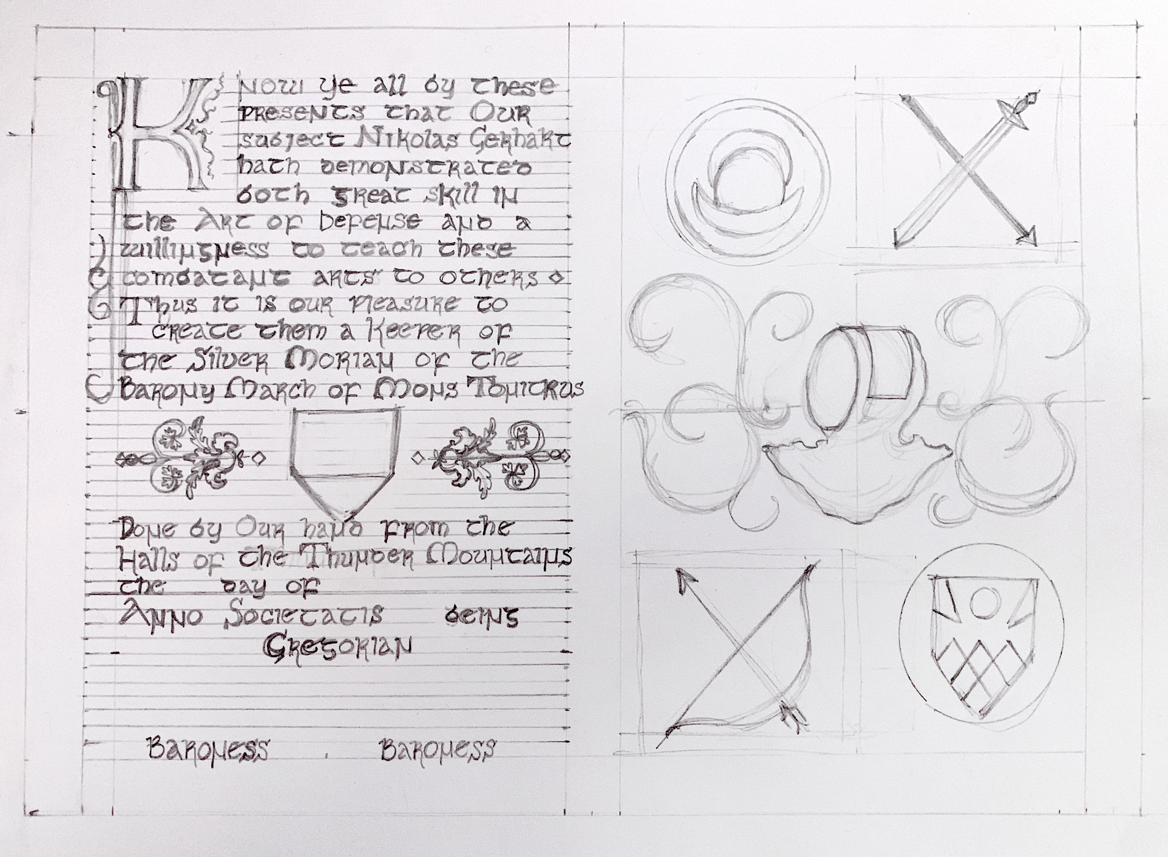 Several idea sketches for a medieval scroll design, with a landscape layout much like the final scroll award, with calligraphy at the left, and weapon and rapier helmet artwork as placeholders in quadrants at the right