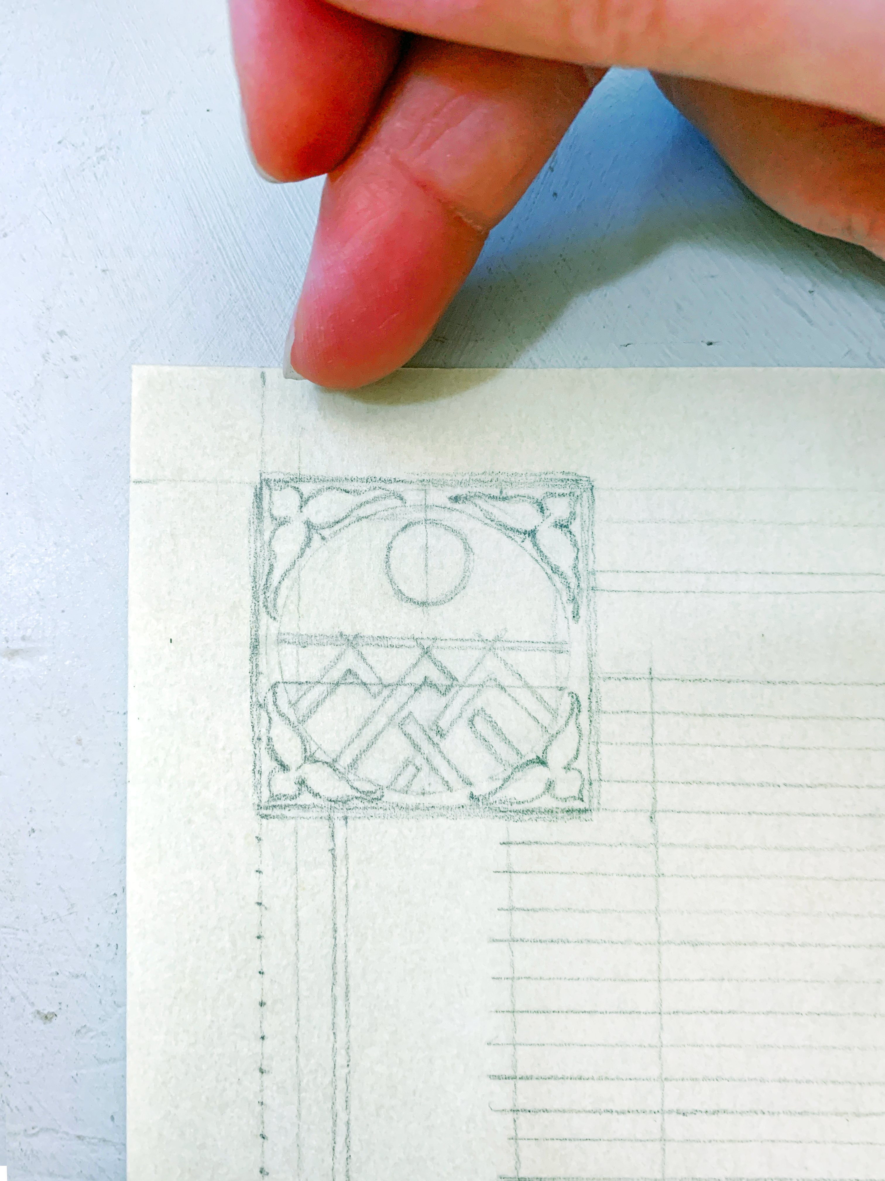 A medieval scroll award in progress: the pencil stage, close-up of the previous rounded shield device, with more detail